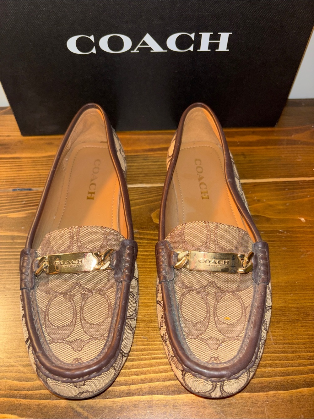 Coach Tan and Brown Signature Canvas Loafers with Gold Plaque